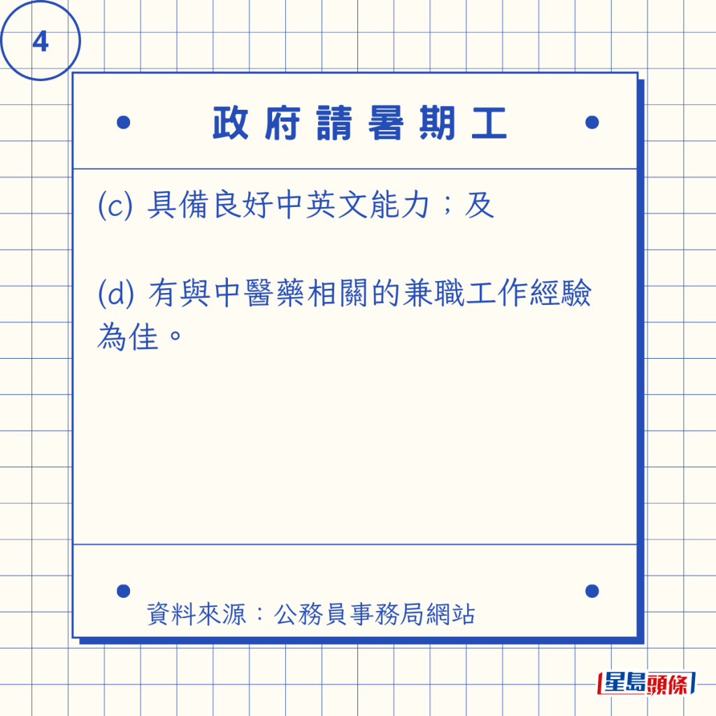 (c) 具備良好中英文能力;及 (d) 有與中醫藥相關的兼職工作經驗為佳。 (c) 具備良好中英文能力;及 (d) 有與中醫藥相關的兼職工作經驗為佳。