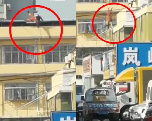 消防队员飞扑捉住女子一只脚双双堕楼死亡。影片截图