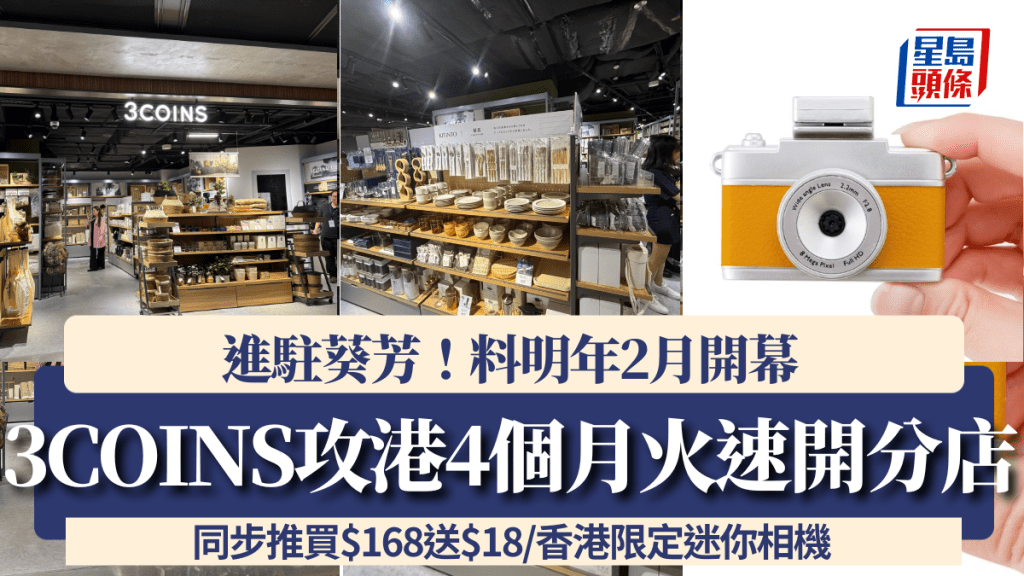 3COINS進駐葵芳！料明年2月開幕 攻港4個月火速開分店 同步推買$168送$18/香港限定迷你相機