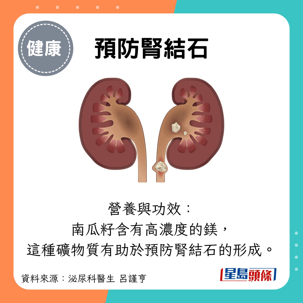 營養與功效： 南瓜籽含有高濃度的鎂， 這種礦物質有助於預防腎結石的形成。