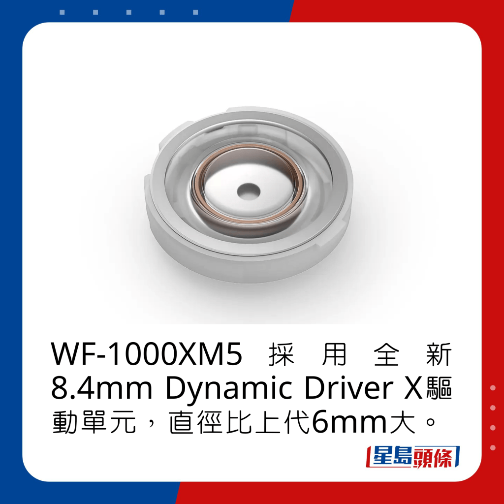 WF-1000XM5采用全新8.4mm Dynamic Driver X驱动单元，直径比上代6mm大。