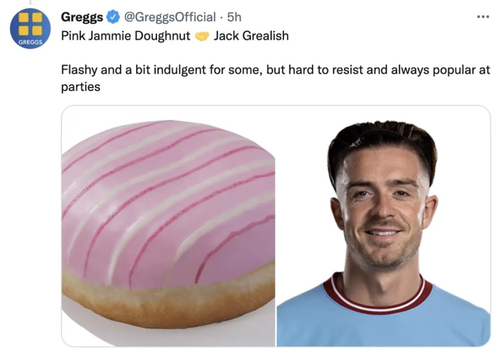 基亞利殊被比作粉紅果醬甜甜圈。Greggs官方Twitter截圖
