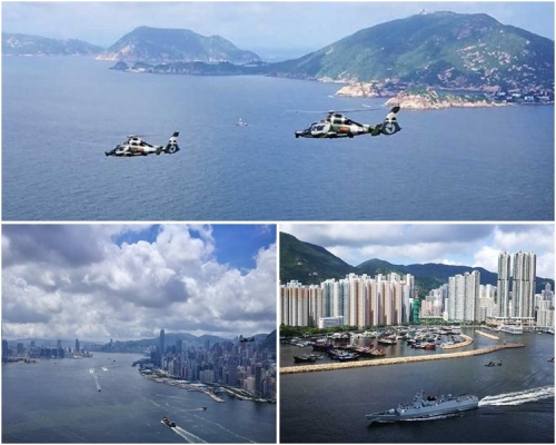 上月「惠州艦」、「欽州艦」和3架直升機在維港上空行聯合巡邏。