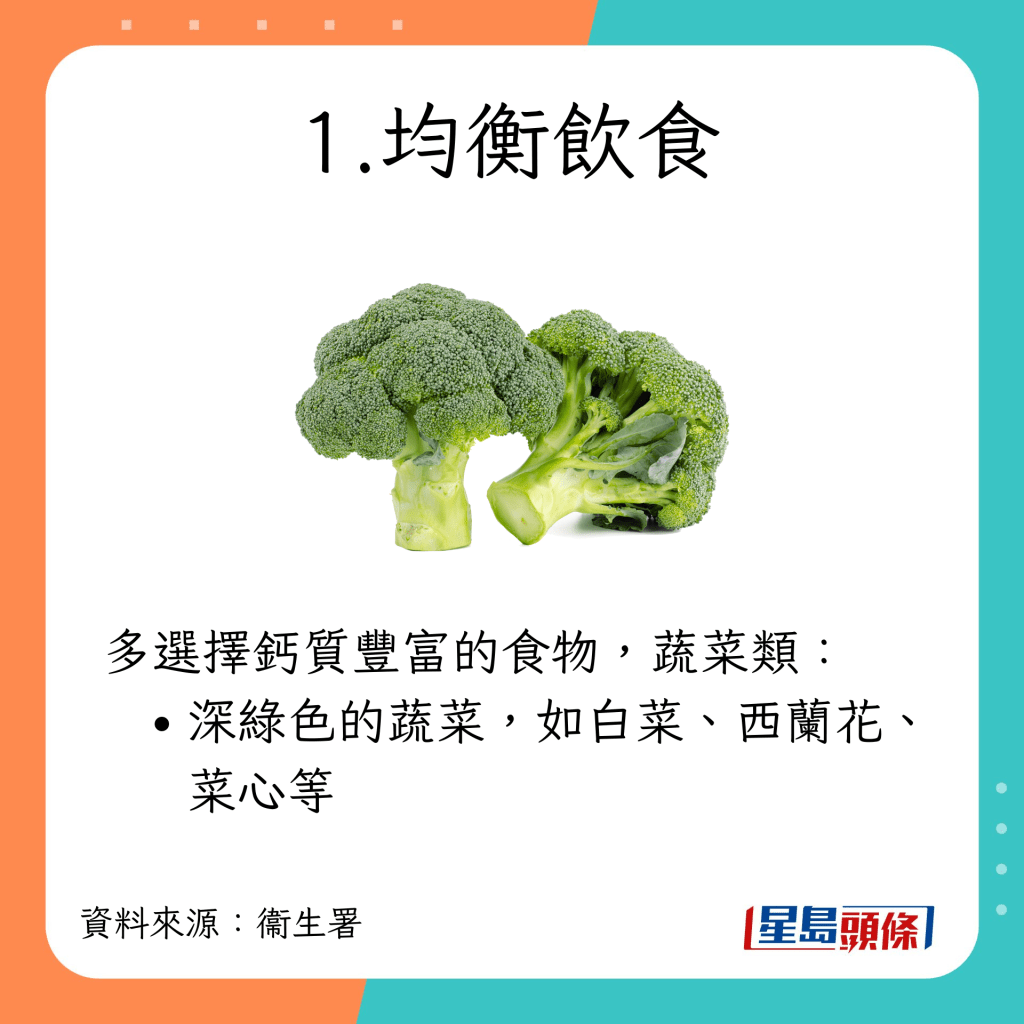預防骨質疏鬆方法｜1. 均衡飲食：多選擇含豐富鈣質的食物，例如蔬菜類