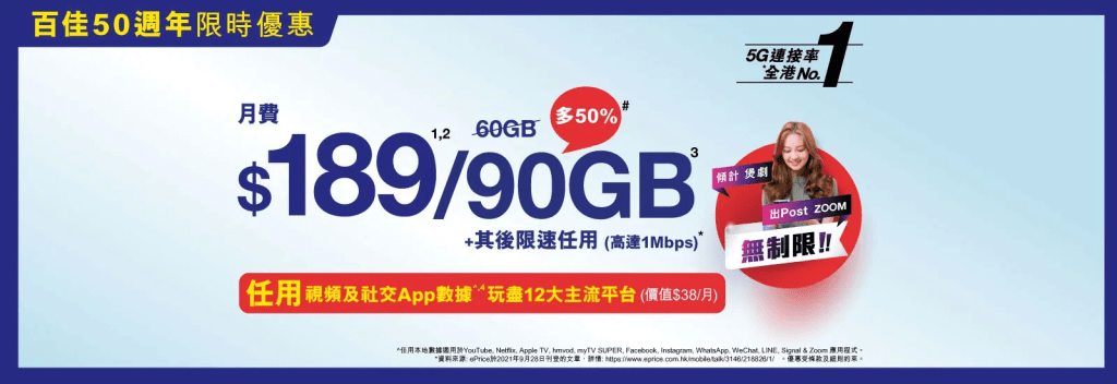 另一優惠是$189/90GB的5G SIM月費計畫，可免數據任用主流串流及社交平台。