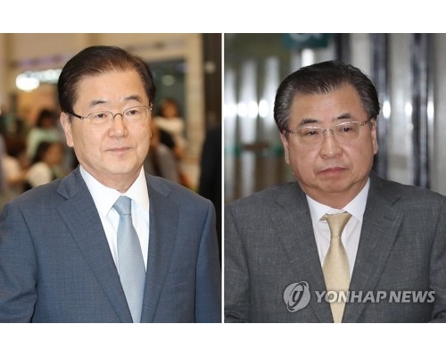 南韩国家情报院院长徐薰（右）与国家安保室长郑义溶。韩联社