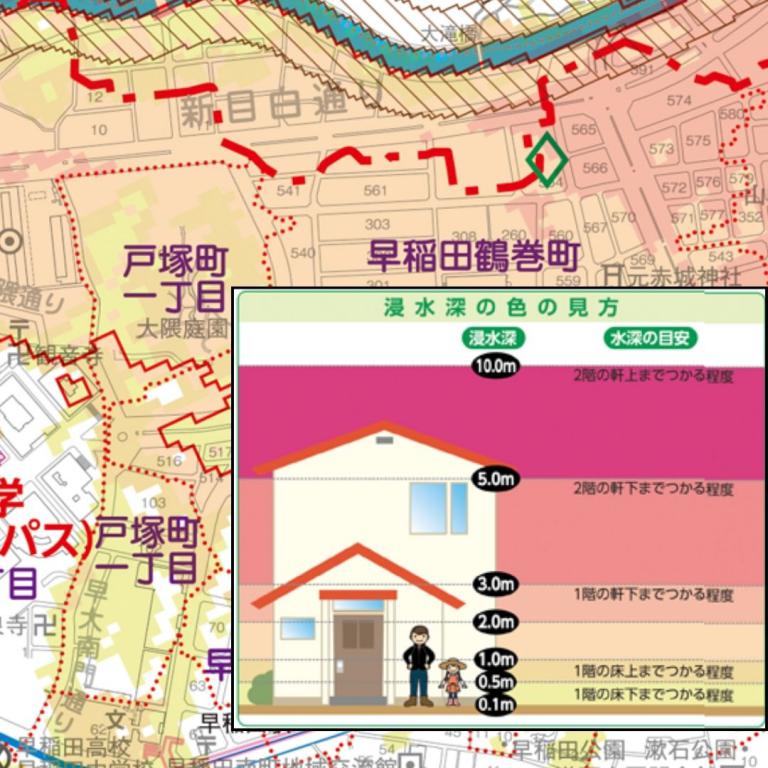  日本設有「災害地圖」，可推算出各規模下可能受洪水、海嘯及山泥傾瀉等影響的區域。 網上截圖