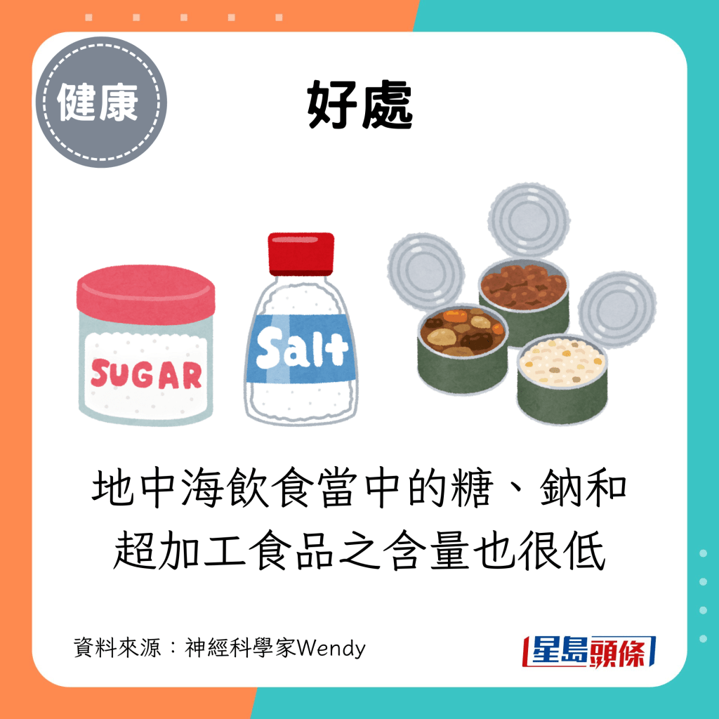 地中海饮食当中的糖、钠和超加工食品之含量也很低