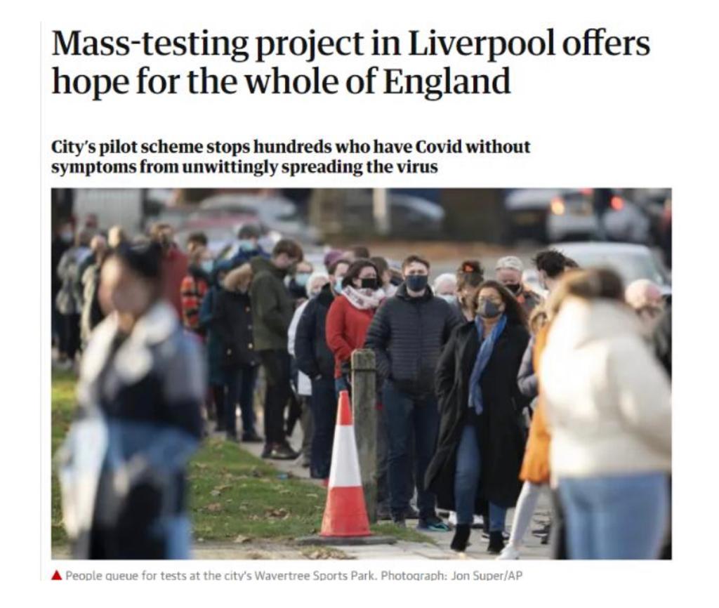 英國衛報文章以《利物浦的大規模檢測項目是英格蘭的希望》為題。