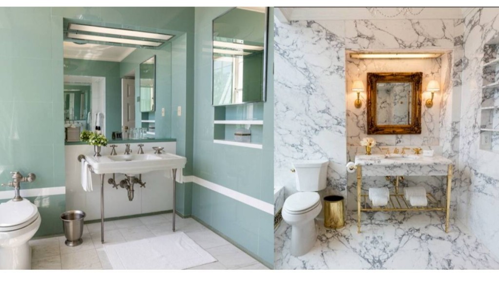 特朗普公開林肯浴室翻新前後對比照。左為前總統杜魯門40年代翻修後的狀態,右為被改造後的豪華大理石浴室。Truth Social/路透社。