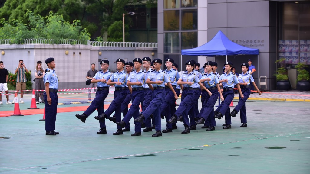 民安隊少年團步操比賽舉行，今年起要求參賽者轉用中式步操。政府新聞處