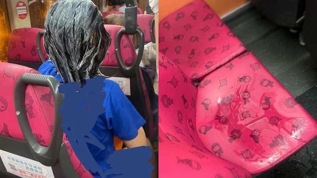 女子頭髮沾滿染髮劑，座位上殘留懷疑尿漬。facebook「葵青講場」圖片