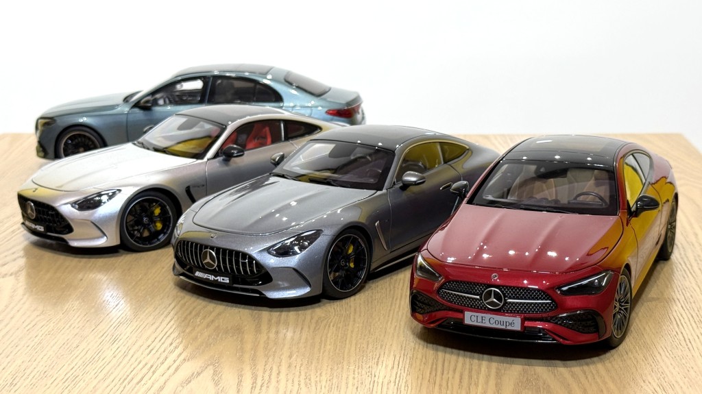 平治Mercedes-Benz多款1:18模型车，包括新款E-Class、CLE Coupe及Mercedes-AMG GT 63等型号。