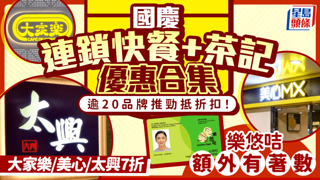 國慶餐飲優惠｜逾20大連鎖快餐+茶記折扣合集！太興全單7折/大家樂$39雞扒飯 樂悠咭長者額外有著數