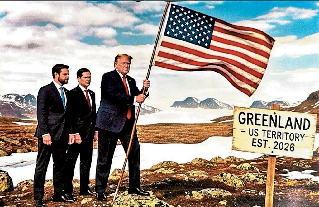 特朗普在社交平台發AI圖，顯示他持美國國旗登上格陵蘭島，作勢插下，身後站着副總統萬斯和國務卿魯比奧。