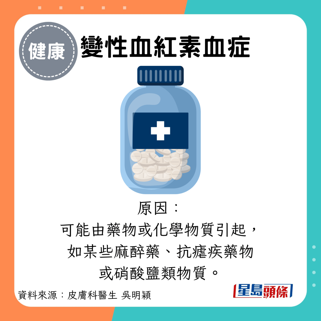 變性血紅素血症：原因： 可能由藥物或化學物質引起， 如某些麻醉藥、抗瘧疾藥物 或硝酸鹽類物質。