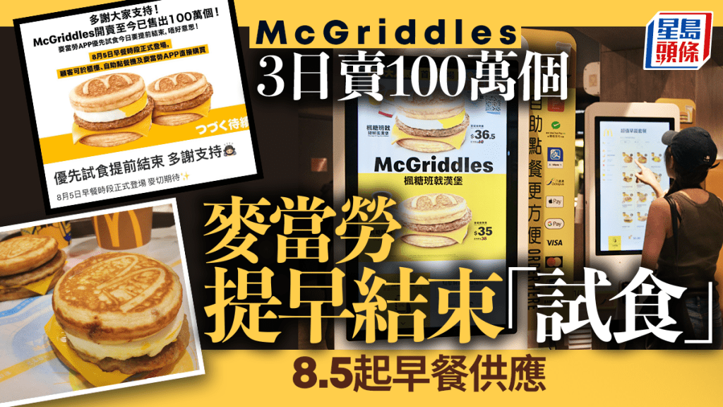 麥當勞McGriddles 3日賣百萬個 提早結束「試食」 8.5起早餐供應