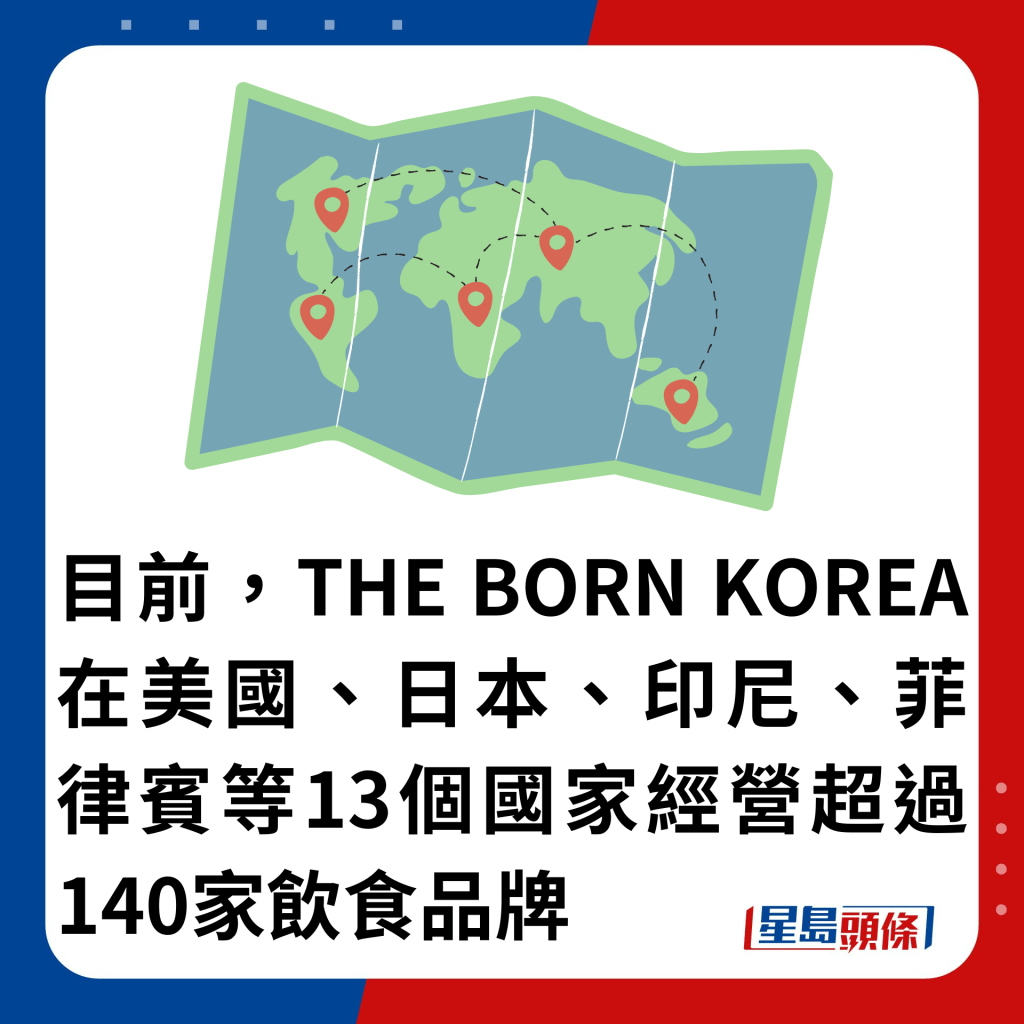 目前，THE BORN KOREA在美国、日本、印尼、菲律宾等13个国家经营超过140家饮食品牌