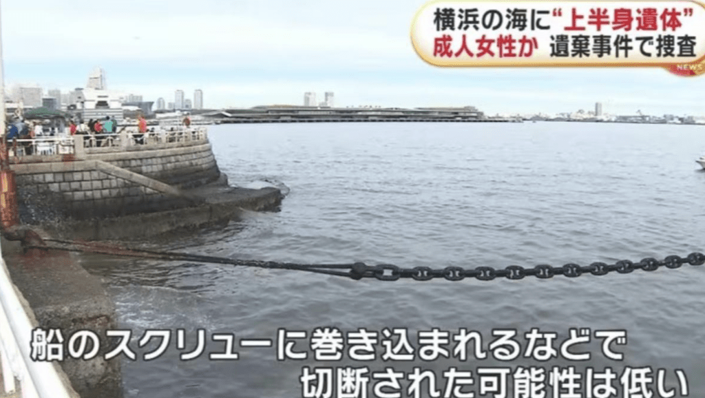 《富士新聞網》（FNN）報道，1日上午約10時，一名路人在山下公園靠近二戰時期保存至今的商船「冰川丸」附近海面上，發現一具赤裸的軀幹漂浮水面，嚇得立即報警。FNN畫面截圖