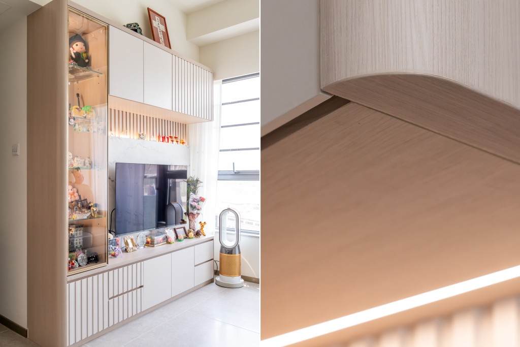 客廳電視櫃以岩板背景牆與木條子作點綴,與玄關櫃互相呼應,為空間注入細膩的立體層次感。 客廳電視櫃以岩板背景牆與木條子作點綴,與玄關櫃互相呼應,為空間注入細膩的立體層次感。