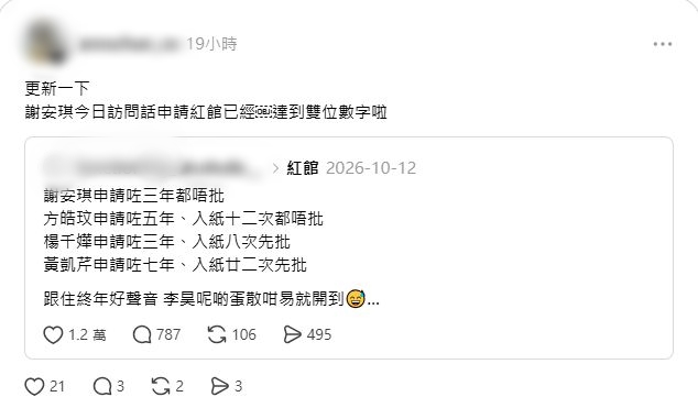 謝安琪申請紅館檔期提起討論。