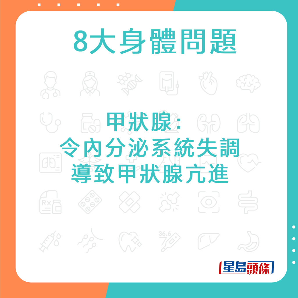 甲状腺：令内分泌系统失调，导致甲状腺亢进