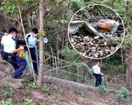 警方到大帽山郊野公園調查發現腐屍白骨案。