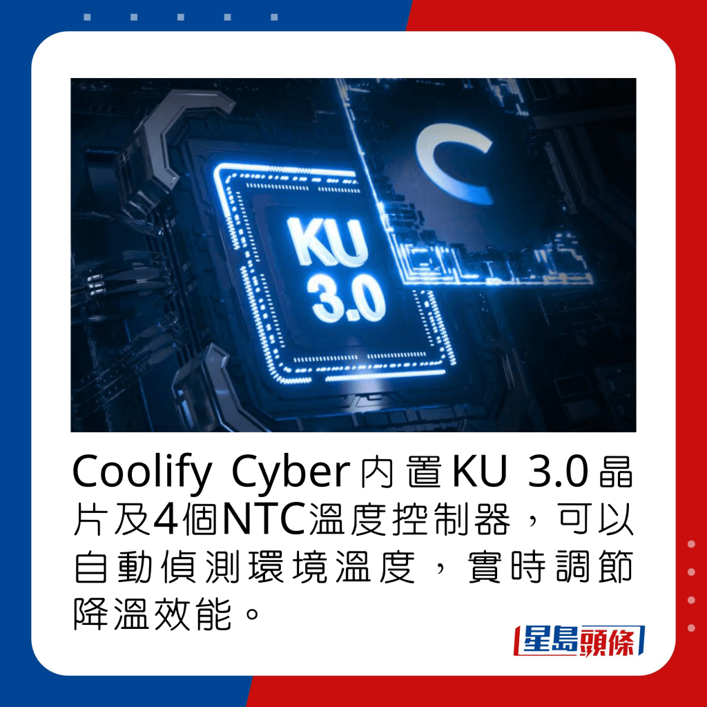 Coolify Cyber內置KU 3.0晶片及4個NTC溫度控制器，可以自動偵測環境溫度，實時調節降溫效能。