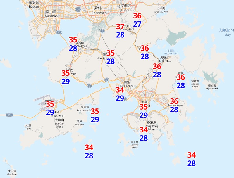 自動分區天氣預報顯示星期五各區最高氣溫可達35度或以上。 自動分區天氣預報顯示星期五各區最高氣溫可達35度或以上。