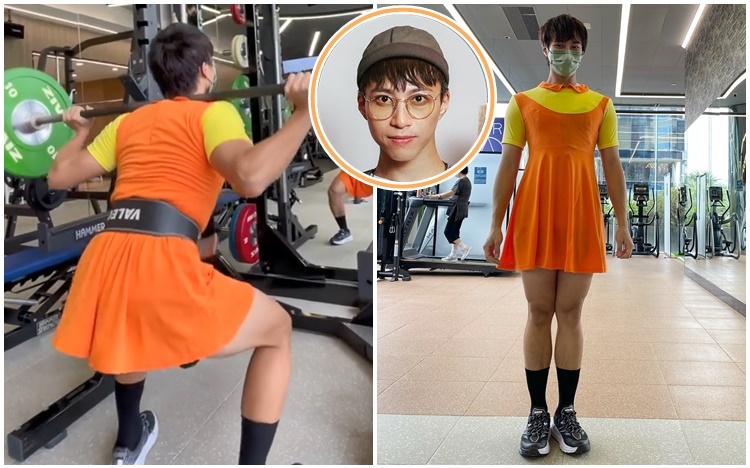 坤哥萬聖節扮《魷魚遊戲》木頭人公仔現身Gym Room做gym。