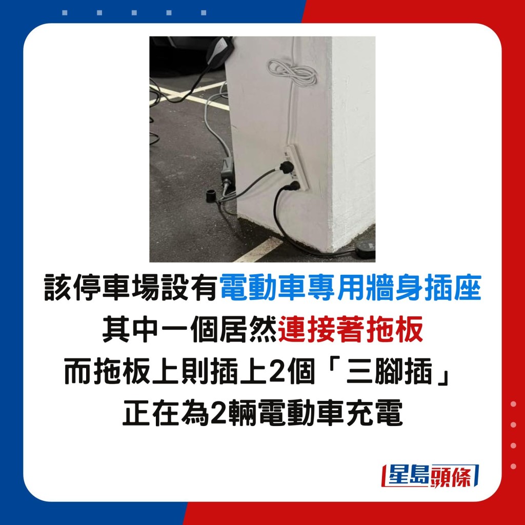 該停車場設有電動車專用牆身插座 其中一個居然連接著拖板 而拖板上則插上2個「三腳插」 正在為2輛電動車充電