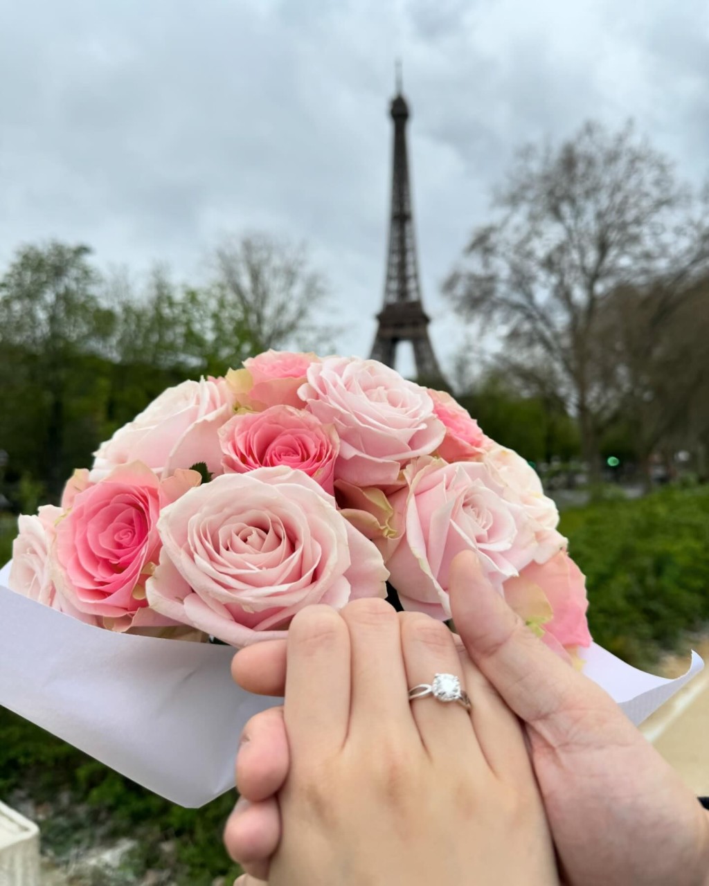 杜茗慧收到鲜花和巨型钻戒，并在巴黎铁塔前放闪。