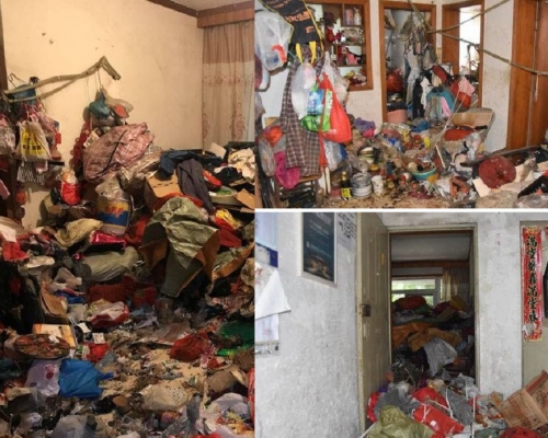 羅女士屋內垃圾堆積如山，執法人員強制清理垃圾。網圖