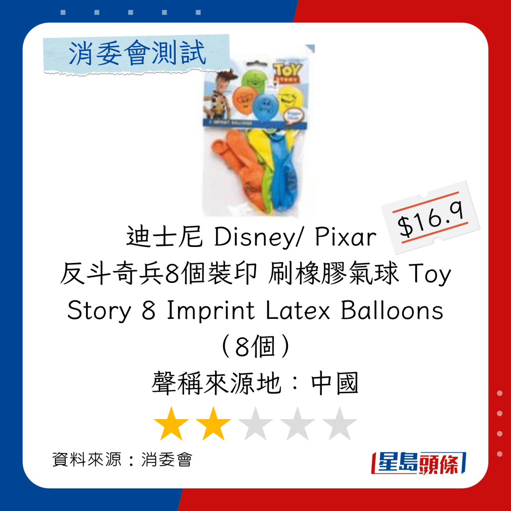 消委会乳胶气球推介｜总评分2星：迪士尼 Disney/ Pixar 反斗奇兵8个装印 刷橡胶气球 Toy Story 8 Imprint Latex Balloons （8个） 
