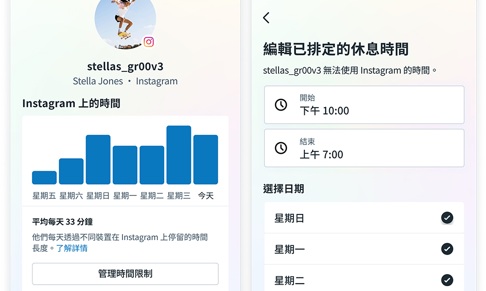 Instagram 时间管理功能:父母或监护人可以根据每天或每周,限制青少年萤幕使用时间及安排休息时间。(资料图片) Instagram 时间管理功能:父母或监护人可以根据每天或每周,限制青少年萤幕使用时间及安排休息时间。(资料图片)
