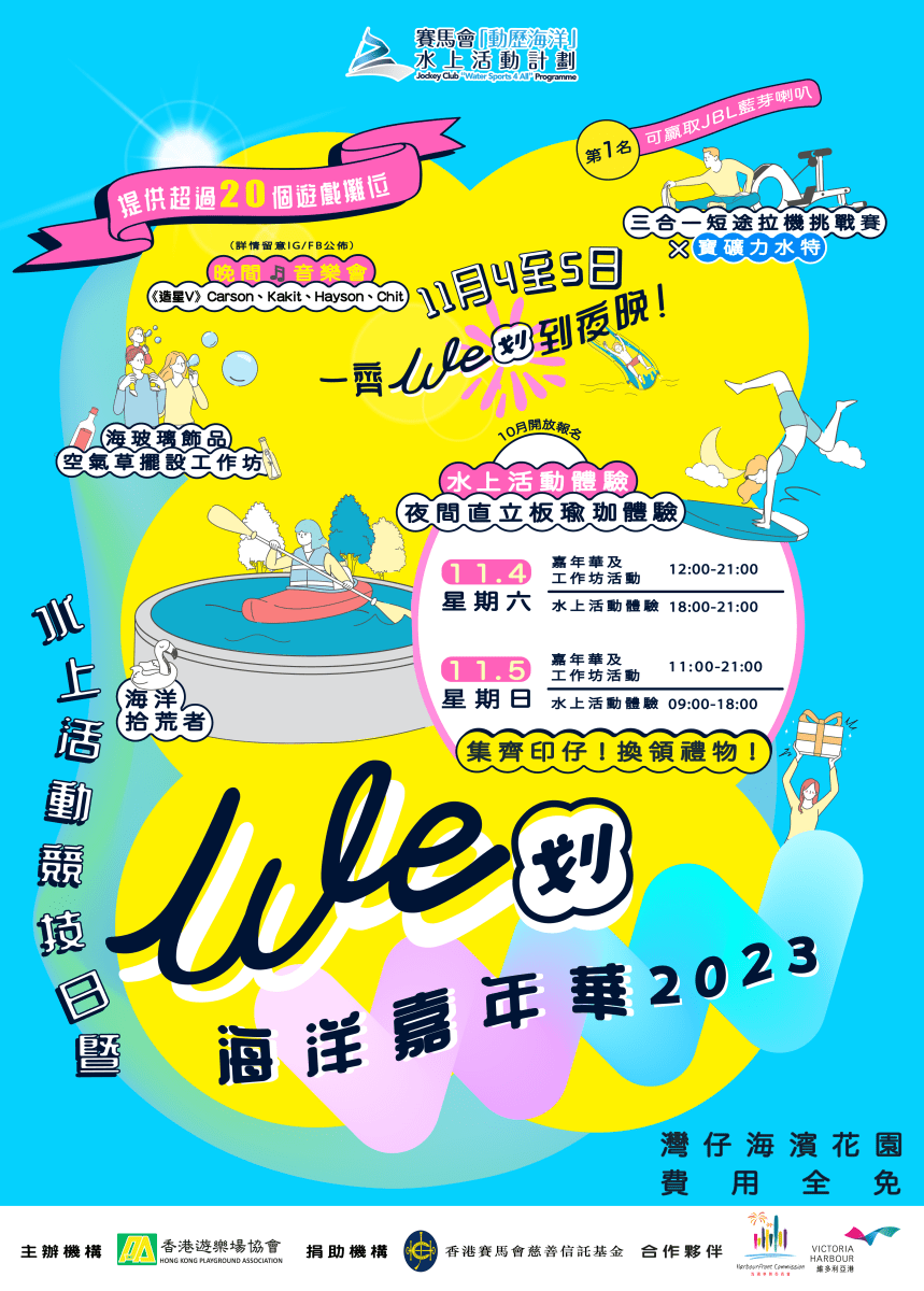 湾仔海滨水上运动及康乐主题区亦会在本周六、日举行「水上活动竞技日『We划』海洋嘉年华2023」。