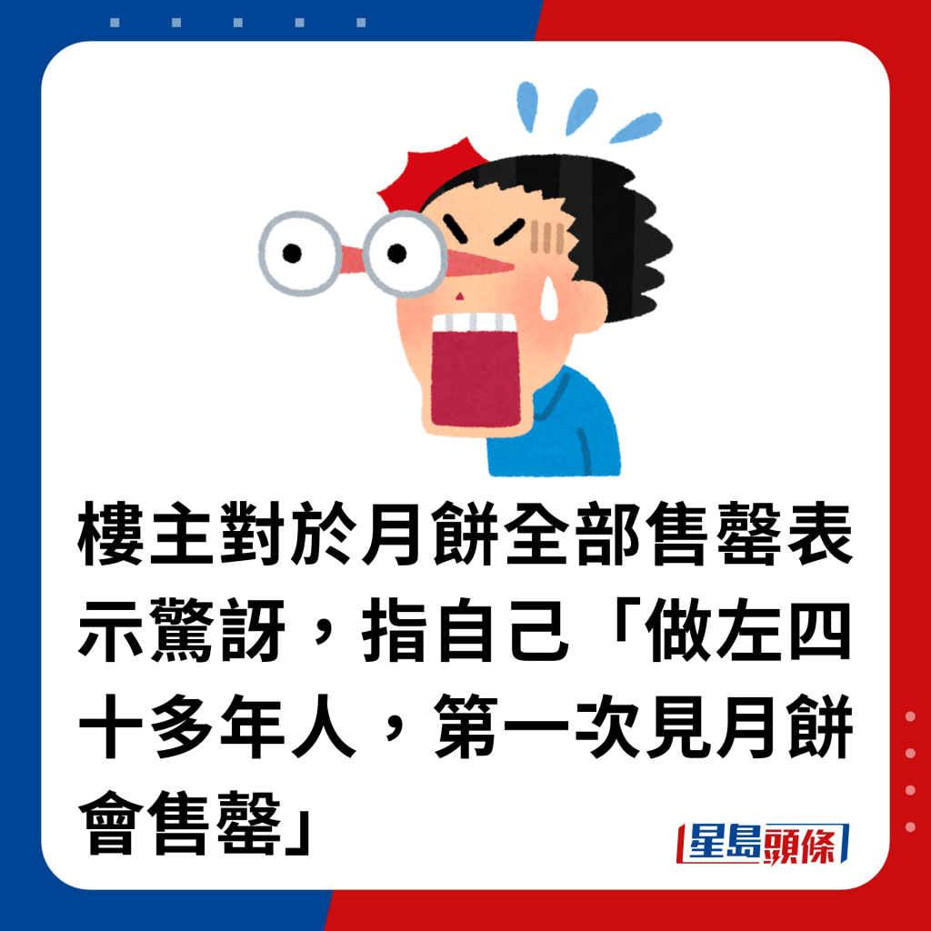 楼主对于月饼全部售罄表示惊讶，指自己「做左四十多年人，第一次见月饼会售罄」