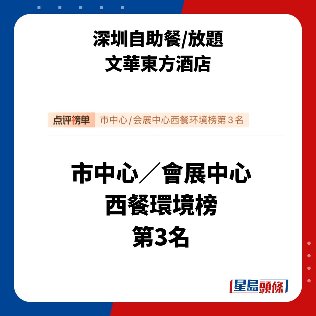 在大众点评的点评榜单上获市中心／会展中心西餐环境榜第3名