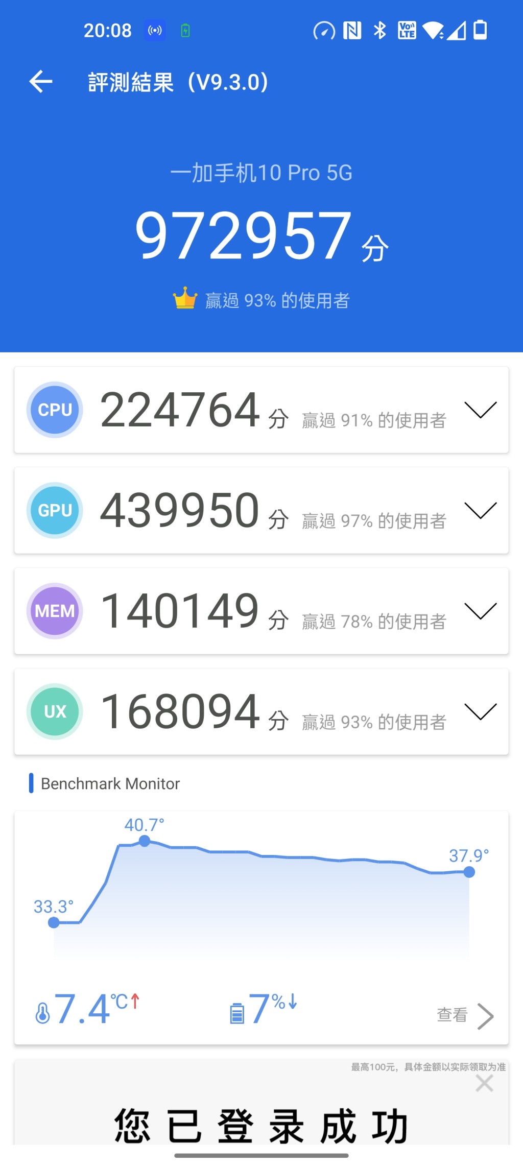 《安兔兔》跑分达972,957，跟同级Snapdragon 8 Gen 1对手不相伯仲。