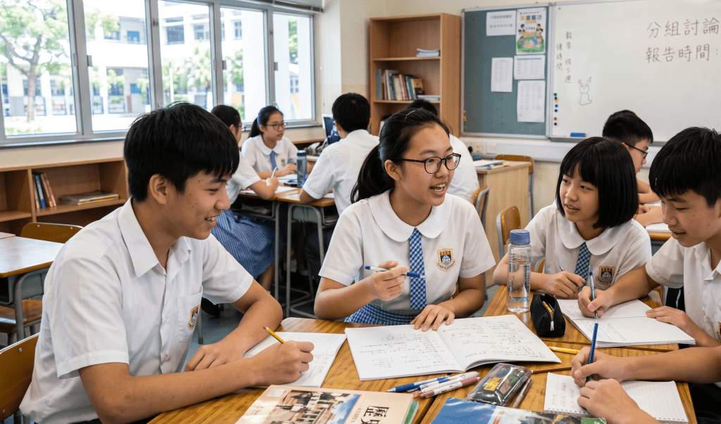 同學們的音樂學習歷程是其中一個鮮明例子。學生先主動探索（自學），他們在組內共同學習、合作分享（共學），之後又與其他組別觀摩討論（互學），老師成為引路人，適時給予指導（導學）。（ AI 生成示意圖）