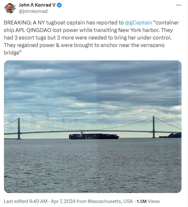 8.9萬噸「青島號」貨櫃輪在紐約一度失去動力。