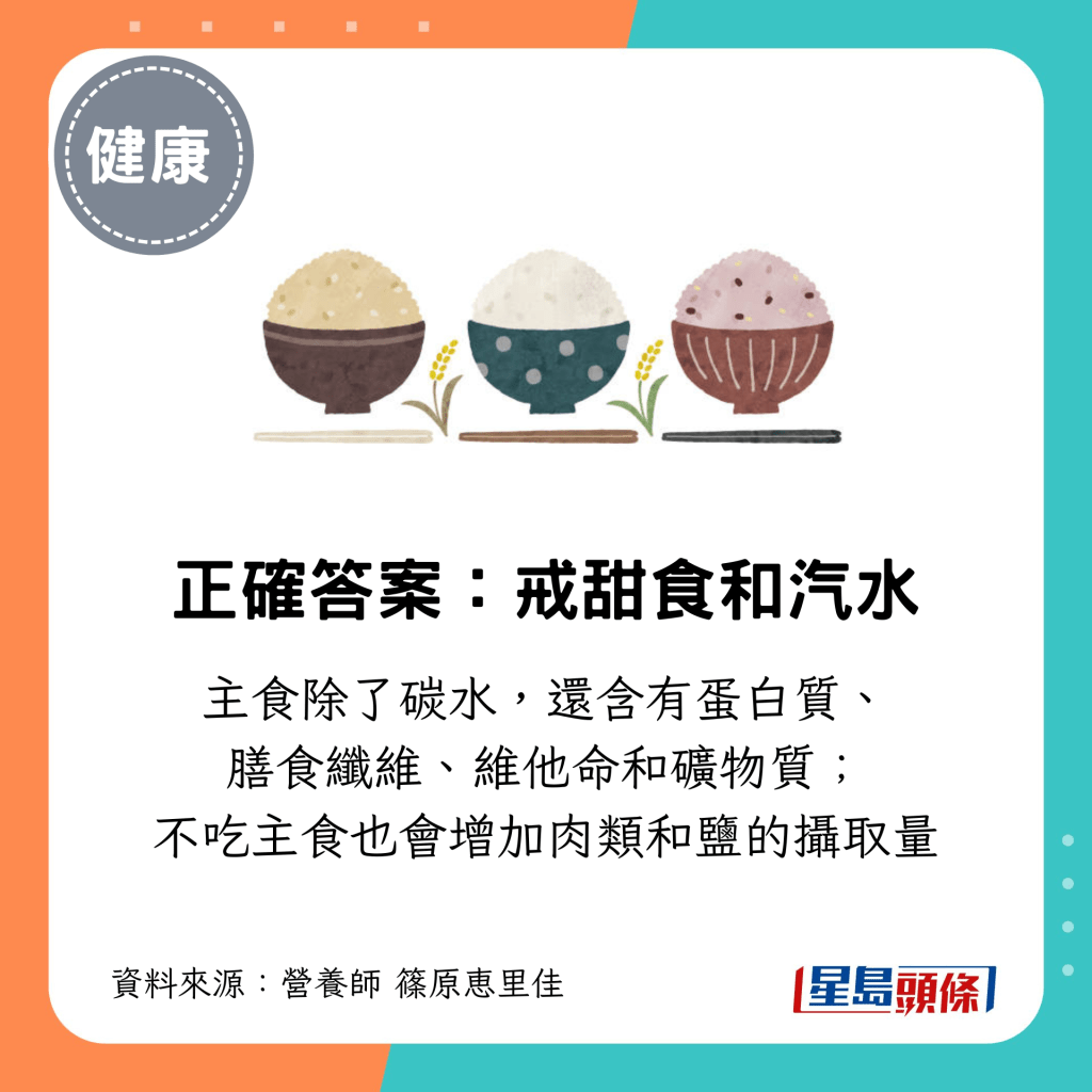 主食除了碳水，還含有蛋白質、 膳食纖維、維他命和礦物質； 不吃主食也會增加肉類和鹽​​的攝取量