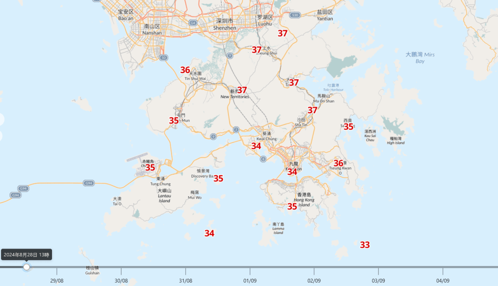 天文台預料下午沙田、大埔、上水等區將高達37℃。天文台網站擷圖