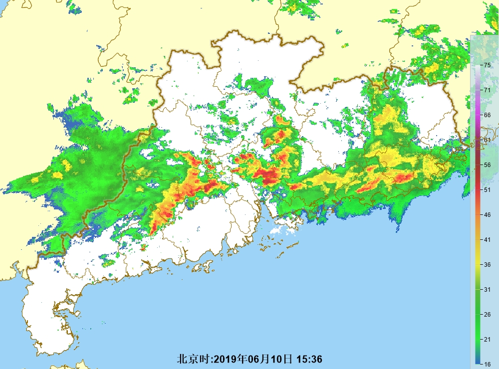 廣東西部的雷雨區正逐漸東移。廣州氣象台