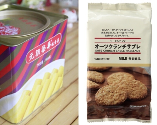「榮華」蛋卷(左)及「無印」餅乾(右)含致癌物。網上圖片