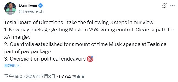 Dan Ives公開向Tesla董事會提出三項建議。(X平台截圖) Dan Ives公開向Tesla董事會提出三項建議。(X平台截圖)
