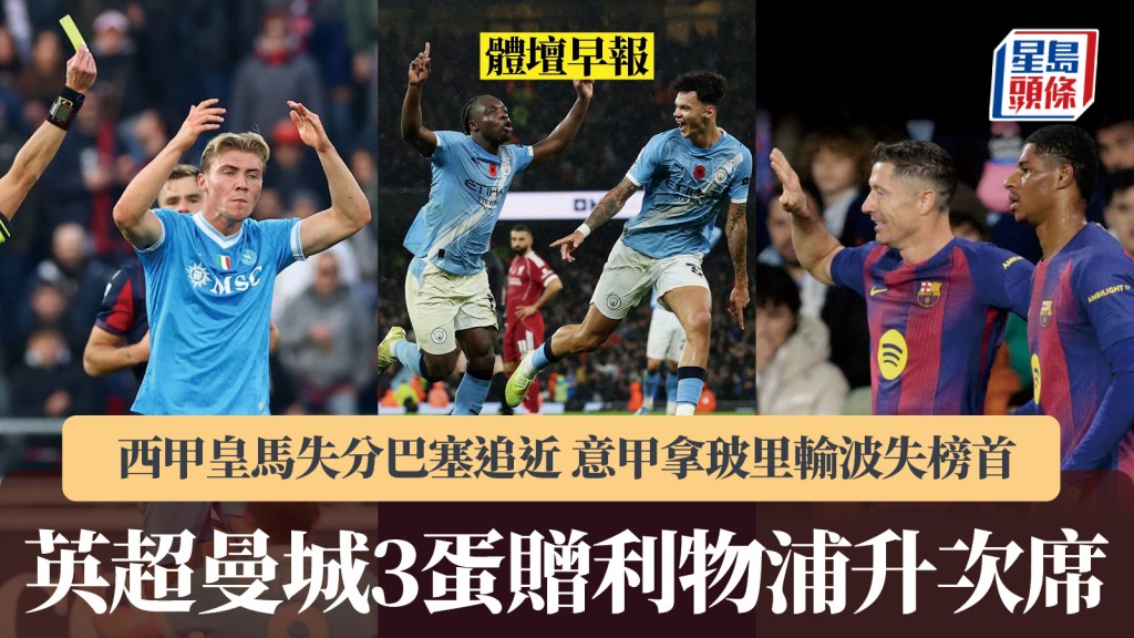 體壇早報｜曼城3蛋贈利物浦升次席 西甲皇馬失分巴塞追近 意甲拿玻里輸波失榜首。路透社