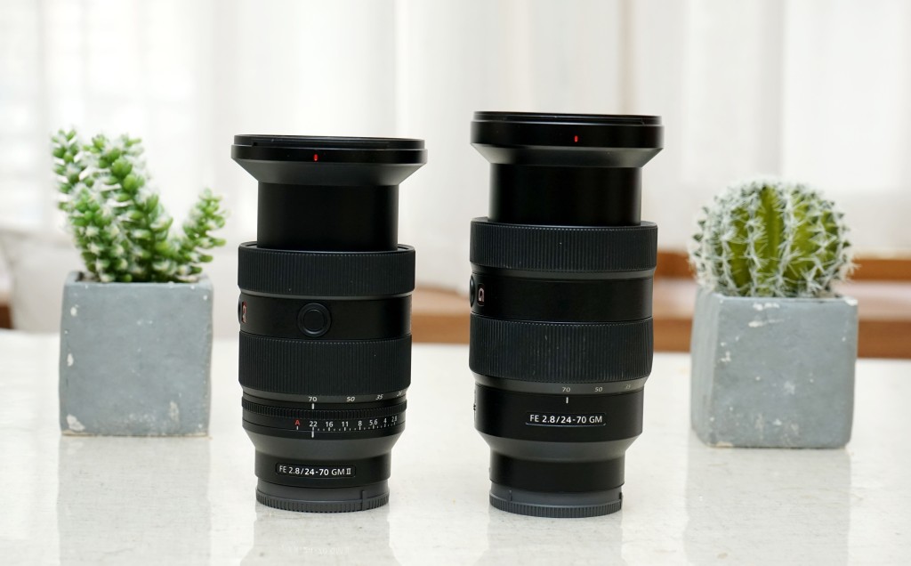 FE 24-70mm F2.8 GM II(左)跟上代相比,鏡身短小了一截,重量大減至695g。 FE 24-70mm F2.8 GM II(左)跟上代相比,鏡身短小了一截,重量大減至695g。