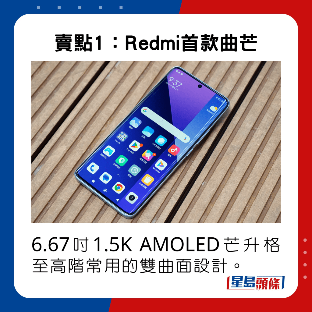 Note 13 Pro+ 5G的6.67寸1.5K AMOLED芒升格至高阶常用的双曲面设计，是Redmi历来首款曲芒机款。