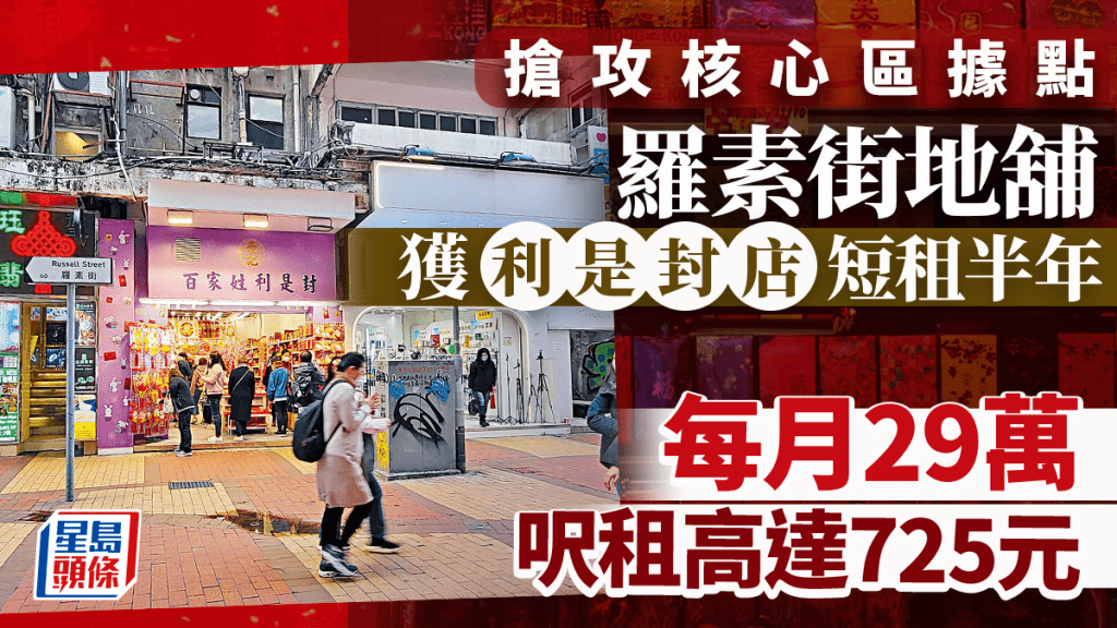 搶攻核心區據點 降 羅素街地舖獲利是封店29萬短租半年 呎租高達725元